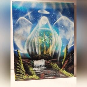 A Beautiful Hand Painted Scene The 3 Crosses Of Calvary An Angel Encompassing